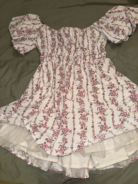 Floral Puff Sleeve Mini Dress - White & Pink